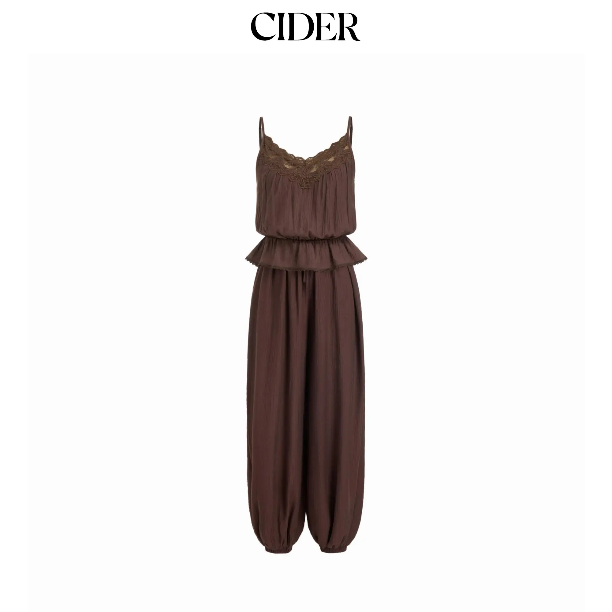 Cider Women's Textured V-neck, Lace Trim, Peplum Hem, High Rise Barrel-leg Full Length Jumpsuit