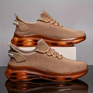 Men'S Breathable Knit Athletic Sneakers - Casual Lace-Up Running Shoes with Air Cushion, Non-Slip PVC Sole, Comfortable Fabric Lining, Solid Color Design for All Season