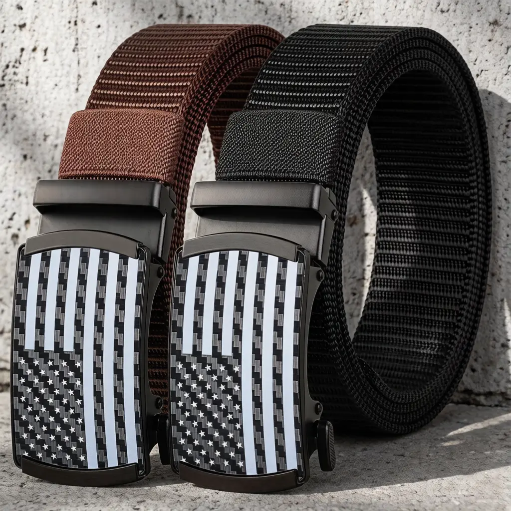 Men's Heavy-Duty Nylon Webbing Belts - Adjustable, Automatic Buckle, American Flag Print, Suitable for Golf, Hiking, Jeans and Multiple Pant Styles