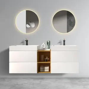 U063-ALICE72W-201 Alice 72" White Bathroom Vanity with Double Sinks and Open Shelf, Modern Wall Mounted Floating Bathroom Vanity, One-Piece Sink Basin without Drain and Faucet