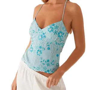 Blue Floral Sequin Top with Adjustable Straps and Open Back Women's Fashionable Sequined Cami Top