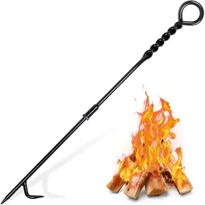26-inch twisted rope design outdoor camping fire poker for fire pit, removable portable heavy-duty solid steel rust-resistant black finish fireplace tool