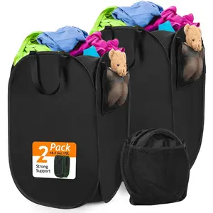 Upgraded Oxford Pop-up Laundry Hamper 2 Pack, 70L(18.5 Gal) Laundry Basket with Durable Handles Solid Bottom High Carbon Steel Frame and Side Pocket, Easy to Open and Fold Flat for Storage