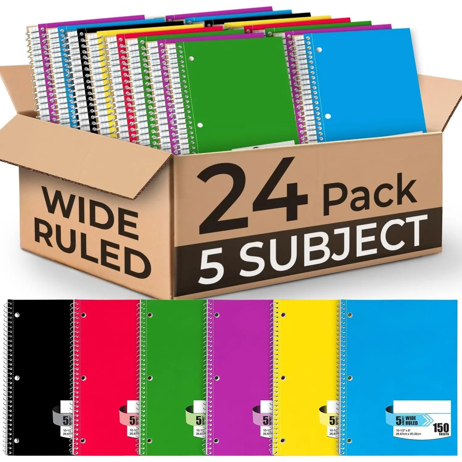 24 Pack Spiral Notebook, 5 Subject, 300 Pages/Book (150 Sheets), Wide Ruled, 8 x 10-1/2, Bulk Subject Notebooks for Office & School, Office Spiral Notebooks, Soft Cover, Assorted Colors