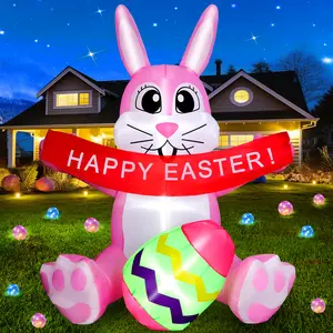 FunFanso 4.5 FT Inflatable Bunny with Egg, Easter Outdoor Yard Decorations, Blow Up Cute Rabbit Holding Happy Easter Flag for Indoor Holiday Party Display Outdoor Garden Lawn, Built-in LED Lights