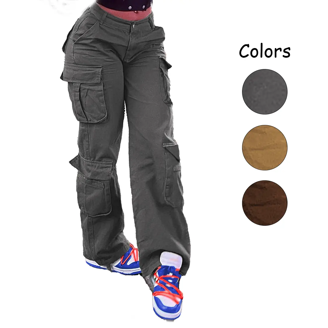 Women's Mid-Waist Cargo Pants, Baggy Wide-Leg Streetwear Trousers with Multi-Pocket Utility and Drawstring Cuffs, Bottoms, Trouser, Basic, Everyday, Loose, Cargo Jeans With Utility, Multi‑Pocket Carry