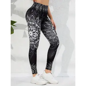 Lotus Pattern High Waist Yoga Pants, Stretch Running Fitness Leggings, Women's Sportswear