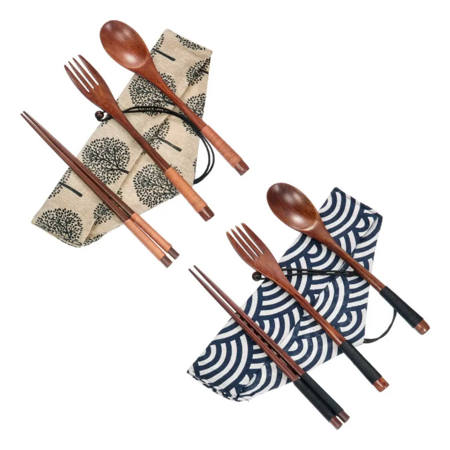 2 Sets Wooden Utensil Set, Travel Utensils for Eating, Wooden Fork Spoon Chopsticks, Reusable Portable Flatware Cutlery Set, Tied Line Flatware with Pouch for Lunch Camping Traveling