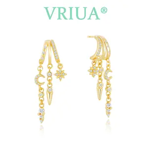 VRIUA 14K Gold Plated Earring for Women Trendy Triple Huggie Earrings Dainty Dangle Earring Small Hoops Statement Long Drop Chain Earrings Non Tarnish Jewelry summervibes