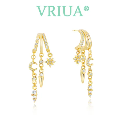 VRIUA Women's 14K Gold Plated Earrings - Earring Stacking Set with Trendy Triple Huggie, Dainty Dangle, Small Hoop, Long Drop Triple Chains, Non-Tarnish Jewelry for Birthday, Accessories for Women