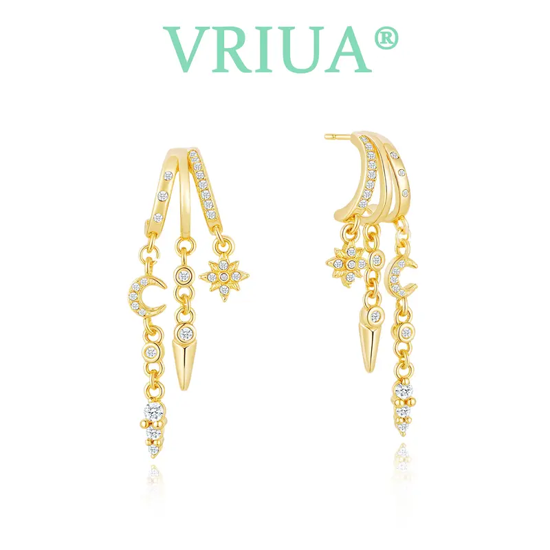 VRIUA Women's 14K Gold Plated Earrings - Earring Stacking Set with Trendy Triple Huggie, Dainty Dangle, Small Hoop, Long Drop Triple Chains, Non-Tarnish Jewelry for Birthday, Accessories for Women
