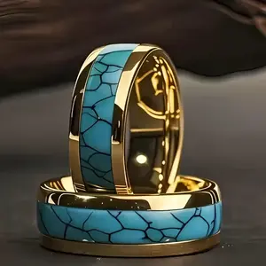 Stylish Men's and Women's Titanium Wedding Rings with Gold Plated and Simulated Turquoise Inlays, Made from 316L Stainless Steel Single Band, Perfect for Christmas, , Father's Day, and Mother's Day. size  2  ring  finger bamboo  rings engagement women