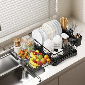 Extendable Dish Drying Rack,Large Drying Dish Drainer for Kitchen Counter, Stainless Steel Dish Strainer with Utensil Rack and Adjustable Feet for Sink