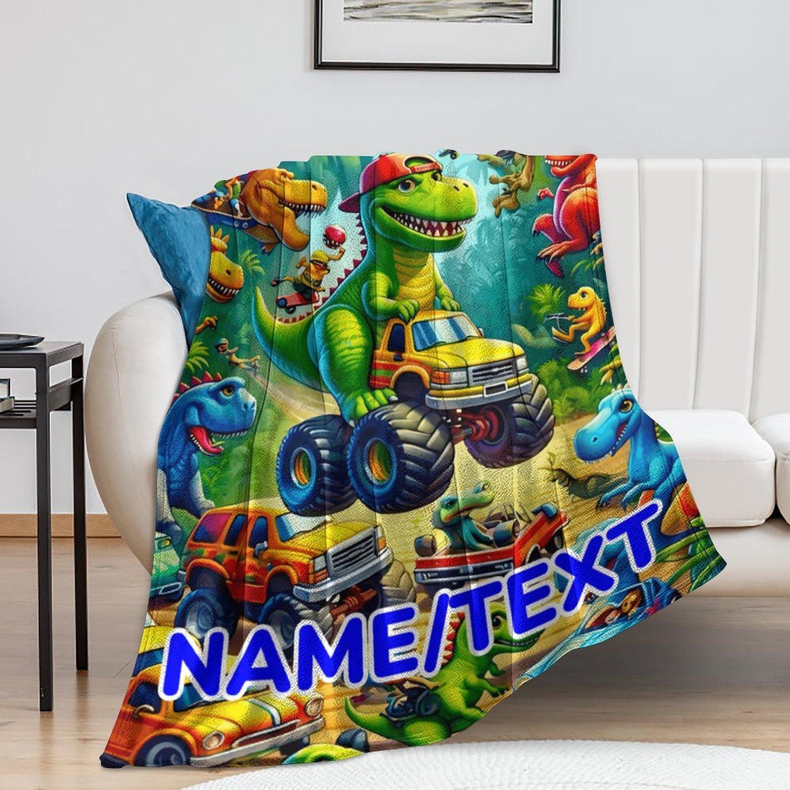 Custom Name Dinosaur & Car  Blanket ,Personalized Name Gift ,Suit for The Sofa, Bed, Travel, Camping, Living Room, Office, Chair，Gifts for Family or Child  ,Friend , Send your custom text via shop chat to personalize
