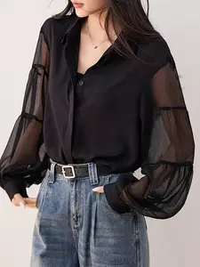 Women's Vintage Chiffon Lantern Sleeve Shirt, Lightweight Fashion Commuter Top, Transparent Sleeves, Collared Style, All Seasons