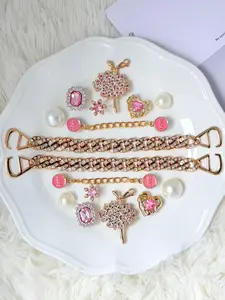 16 Pieces Powder Ballet Girl Rhinestone Crocs Charms, Decorative Function with Metal + Rhinestone + Pearl Material, Light Luxury Sweet Style Shoe Accessories, Rhinestone Shoe Decoration