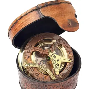 Antique Brass and Copper Sundial Compass, Boxed Sundial Clock Gift Set, Sun Clock Ship Model Replica Watch