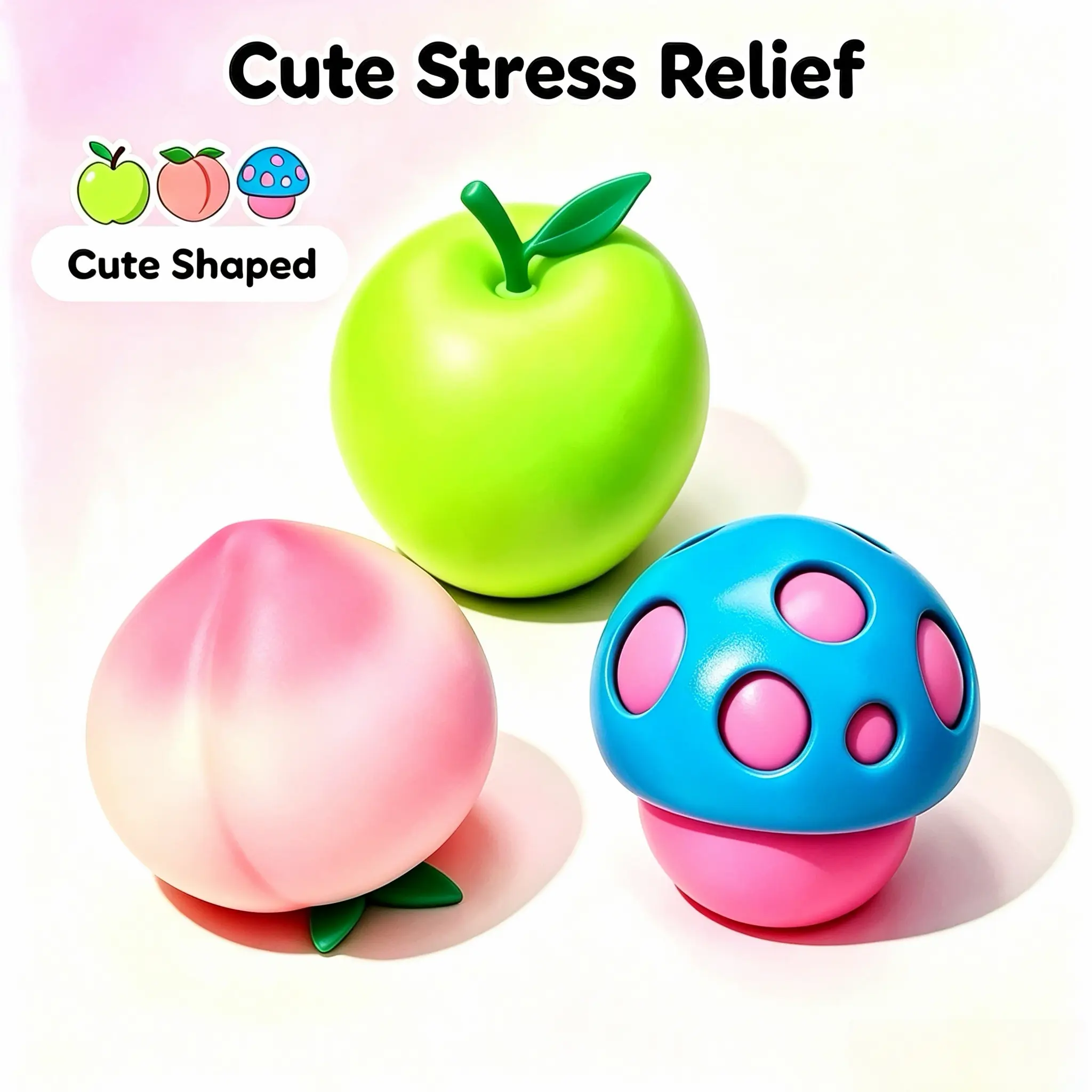 Cute Green Apple Pink Peach Squishy Toys - Pink Blue Mushroom Slow Rebound Stress Relief Fidget Gifts for All Holidays, Birthdays & Kids Parties