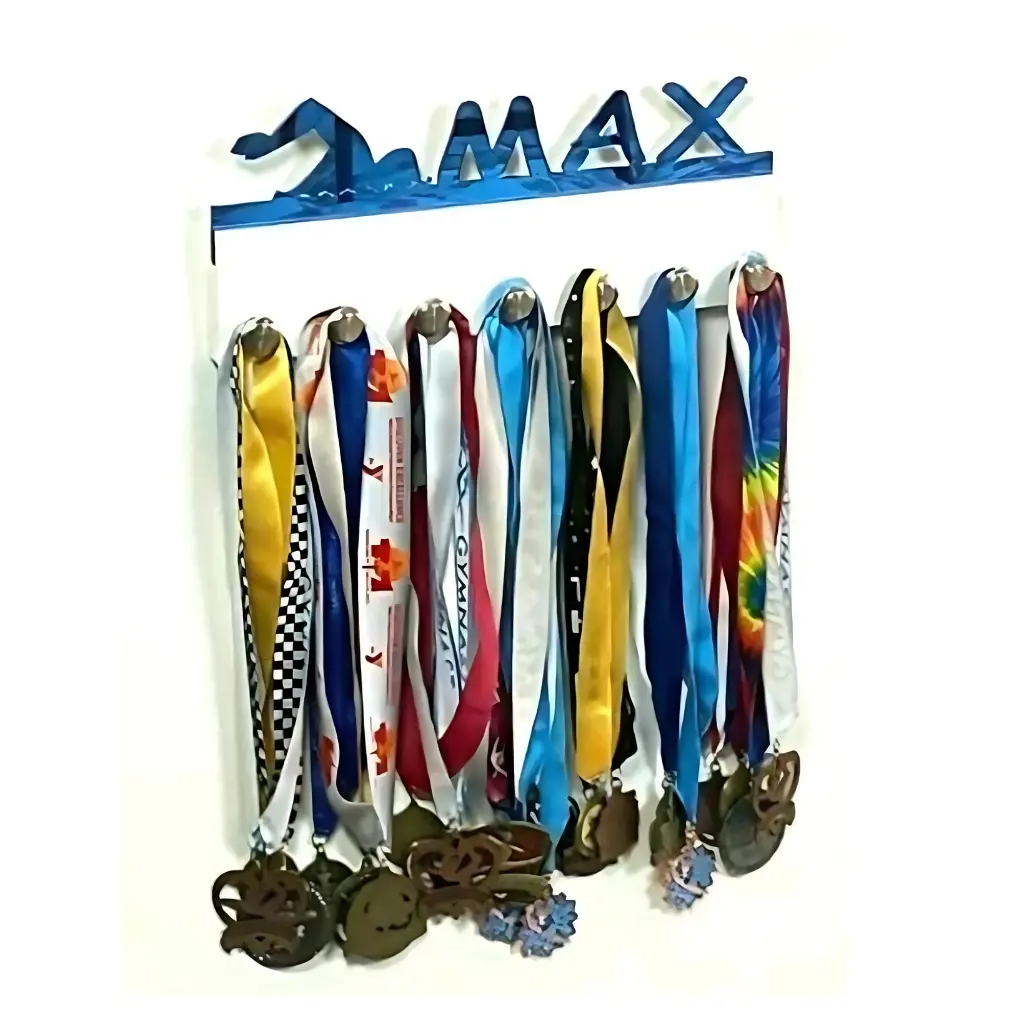 Personalized Swimming Medal Holder Rack – Custom Name Sports Award Display for Swimmers, Wall-Mounted Organizer for Ribbons & Medals, Handmade Room Décor for Kids, Teens, Athletes