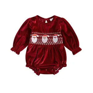 My First Christmas Baby Girl Bubble Velvet Romper Long Sleeve Crewneck Jumpsuit Baby Santa Outfit Newborn Clothes