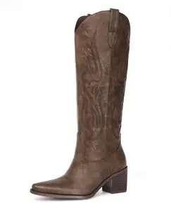 【Rodeo】Wranglette Women's Brown Embroidered Knee-High Cowboy Boots – Western Snip Toe, Flame Stitching, Distressed Faux Leather | Rodeo & Festival Ready | Wide-Foot Friendly, Cushioned Insole | Keywords: brown cowboy boots women