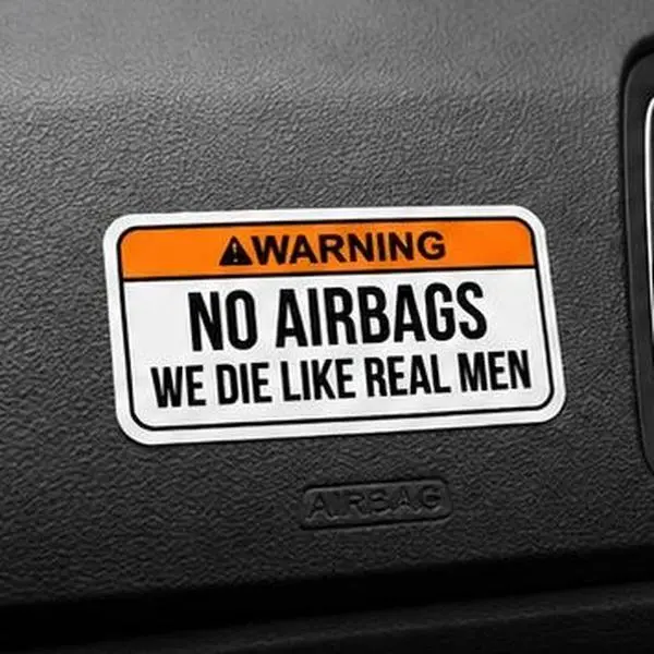 Warning No Airbags "We Die Like Real Men" Vinyl Airbag Cover Stickers (2 Pack) – Funny JDM Car Interior Decals – Universal Dashboard Safety Label Overlay