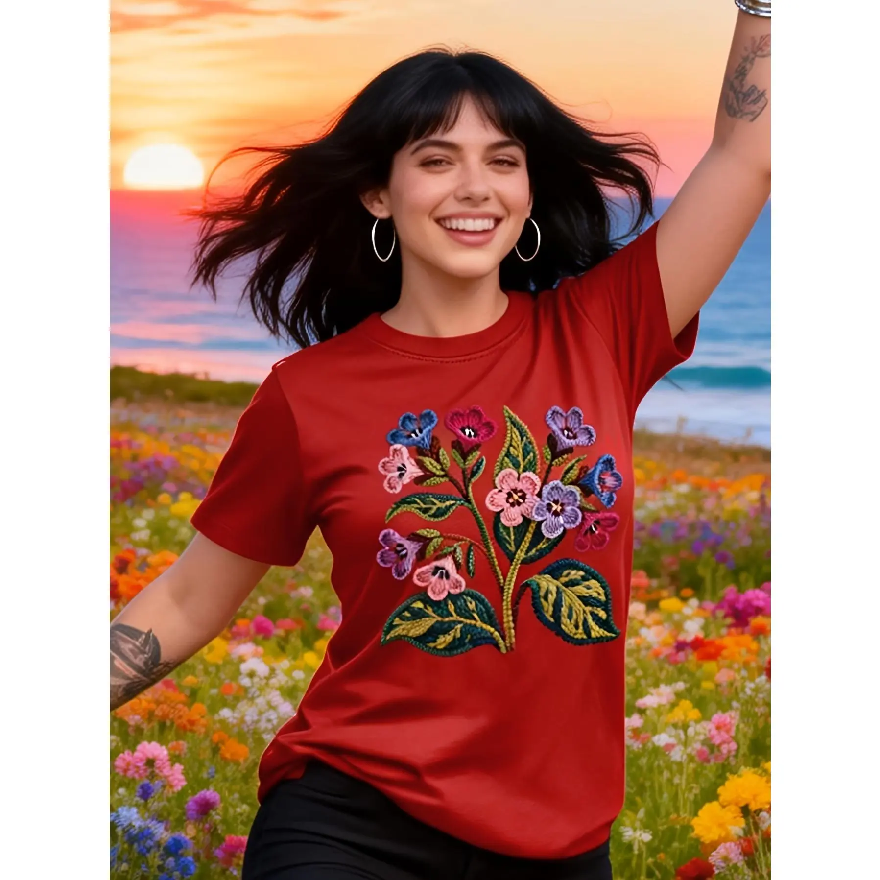 100% cotton printed T-shirt with unique floral pattern print, short-sleeved, round-neck, casual women's T-shirt, lightweight and soft fabric, gift, birthday present, fashionable and elegant, suitable for travel, vacation, parties, elegant, beautiful