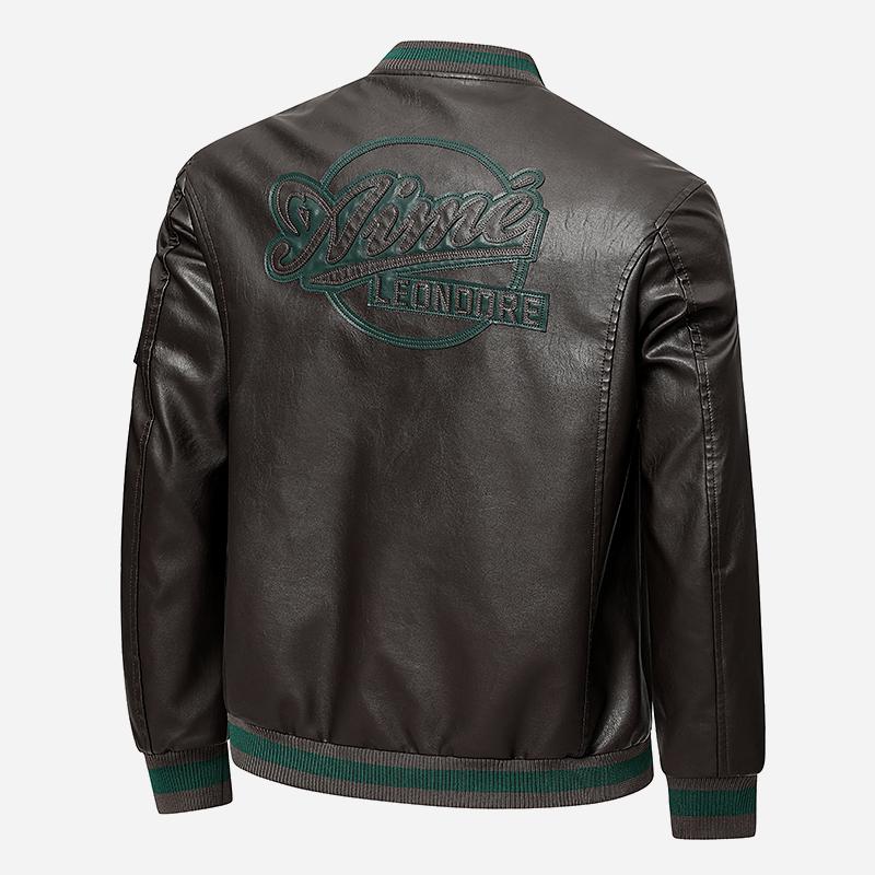 Men's Black PU Leather Bomber Jacket - Contrast Green Stripes & Embroidered Logo, Utility Arm Pocket Stylish Casual Fall Winter Coat