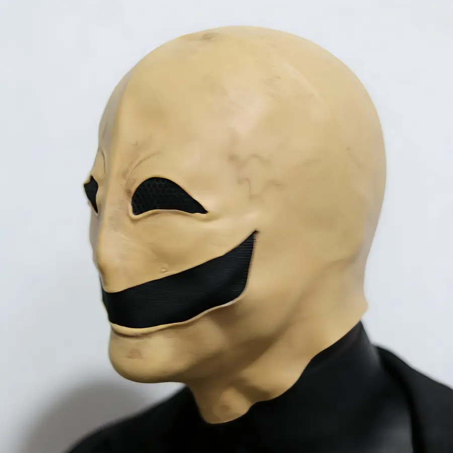Adult Halloween Latex Full Head Mask - Cute Scary Smiling Faceless Design, Crescent Mesh Eye Window, Arched Mesh Mouth, No Nose/Ears, Comfortable, 1-Size Fits All, Ideal for Spooky Parties, Gifts, Prop, Festive Accessories Mask Design Hyper Realistic Mask