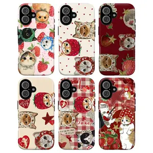 Strawberry Cat Phone Case|Cute Aesthetic Cartoon Cat Design For iPhone 17 Pro Max 16 15 14 13 12 11 for Samsung S21 S22 S23 S24 S25 Phone Case|Tough phone case