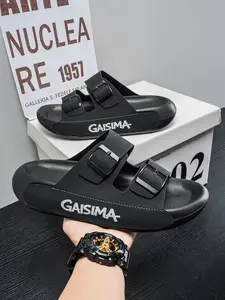 Men's Adjustable Double Buckle Slides, Casual Non-Slip Open-Toe Slippers, Lightweight Eva Soft Sole Sandals for All Seasons
