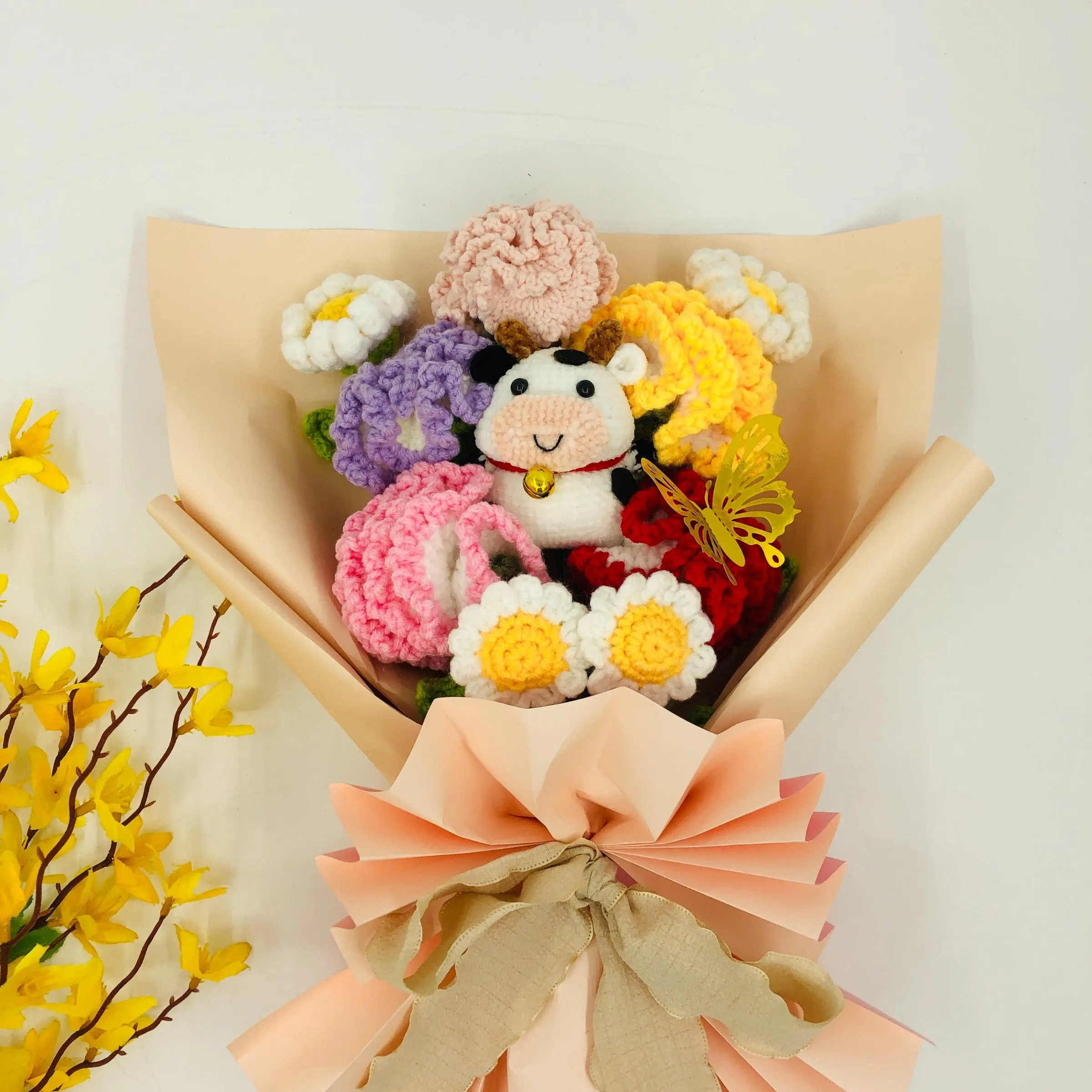 Crochet Flower Bouquet, 1 Set Cute Bear Doll with Sunflower & Carnation & Daisy, Handmade Knitting Flower Bouquet, Gift for Girlfriend, Birthday Gift, Decor
