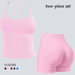 Jetjoy Workout Sets for Women 2 Piece, Gym Sets for Women 2 Piece Seamless Crossstrap tank top Hidden Scrunch Shorts Halter Womens wear athleisure Fitness & Casual Wear Yoga Outfits Gym Tracksuit summeroutfit