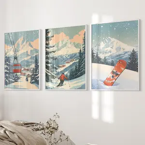 Vintage Ski Poster, Chalet Decor, Winter Prints Set of 3, Snowboard Poster, Skier Artwork, Watercolor Winter Sport Wall Art, Ski Lift Print