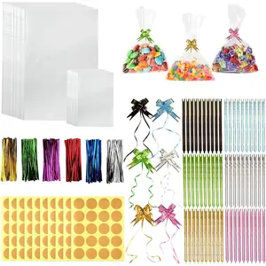 1 Pack Large Cellophane Gift Bags with 200 Metal Ribbons, 60 Tie Flowers and 200 Label Stickers Fashion Accessories
