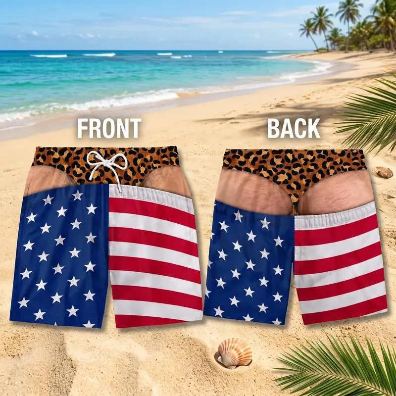 Men’s Funny Swimming Trunks - Fake Underwear Hawaiian Beach Shorts with Drawstring, Multi-Size, Recycled Poly Fabric