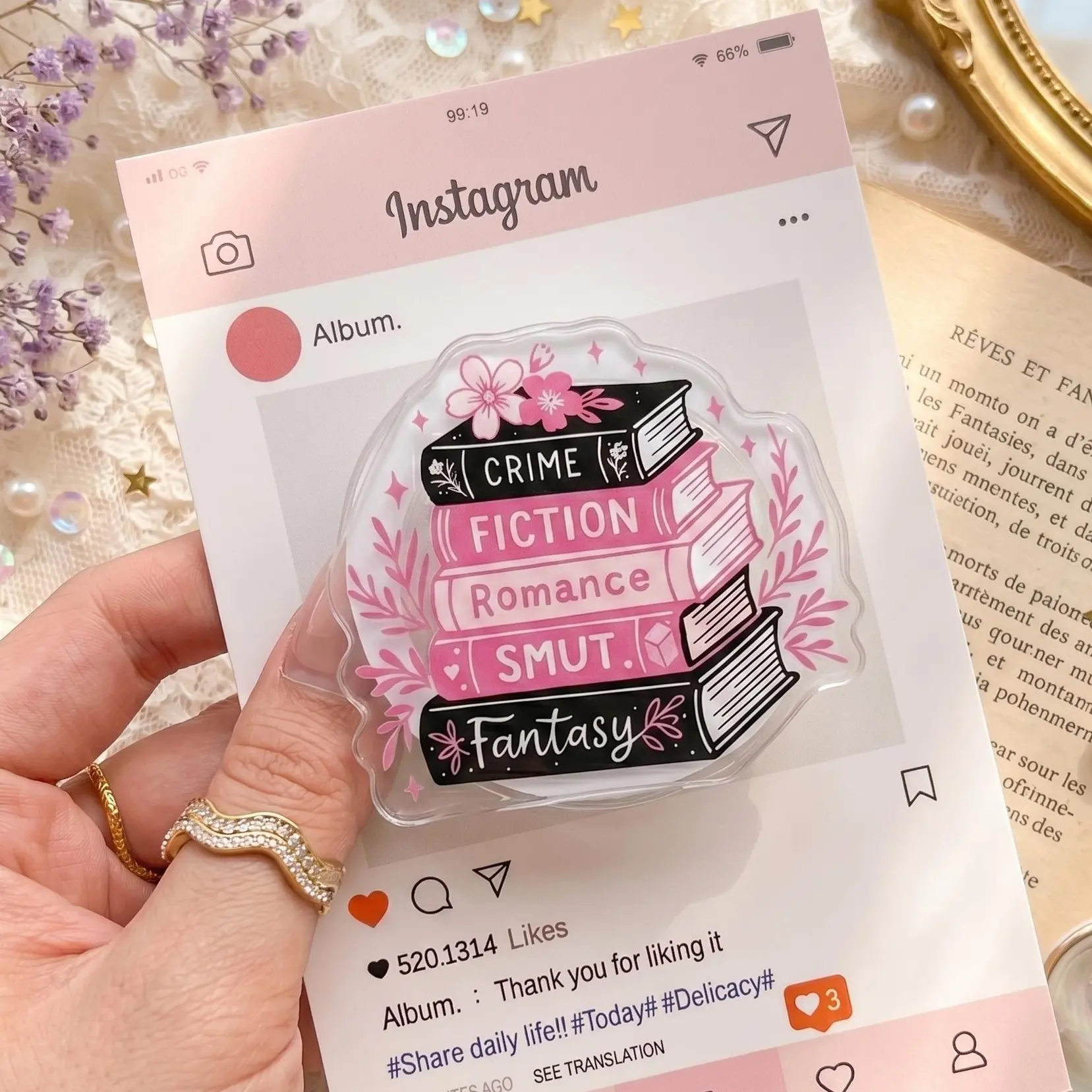 Book Stack Phone Grip, Pink Acrylic Grip with Crime Fiction Romance Smut Fantasy Design, Cute Bookish Phone Holder for Smartphones