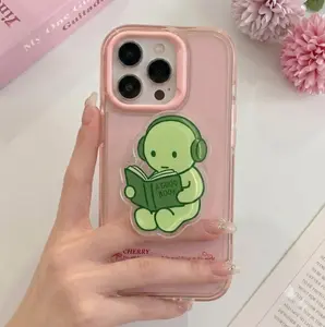 Cute Green Character with Headphones Phone Grip | Reading Book Aesthetic PopSocket | Book Lover Gift MagSafe Phone Holder | Pastel Green Phone Stand