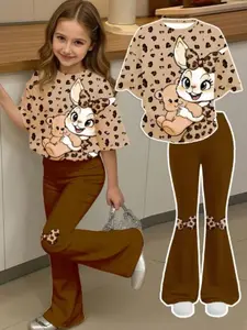 Girls' Leopard Print Two-Piece Set, Round Neck Half Sleeve T-Shirt & Flare Pants, Casual Summer/autumn
