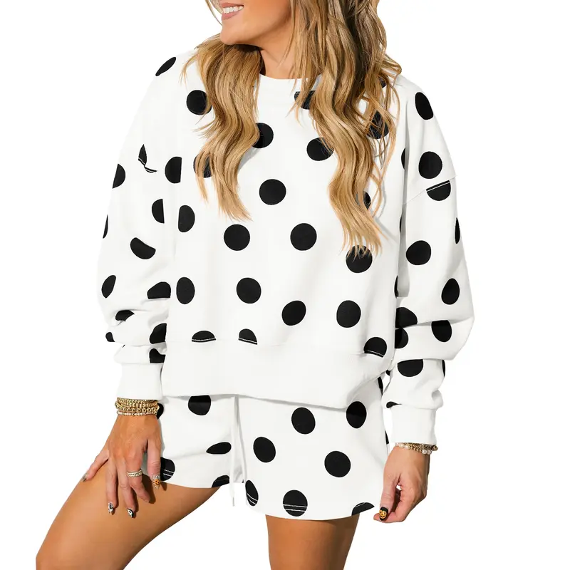 Fisoew Women's Long Sleeve 2-Piece Polka Dot Loungewear Set - Oversized Round Neck Crewneck Sweatshirt, Drawstring Loose Shorts Casual Sports Outfit Matching Clothing Set
