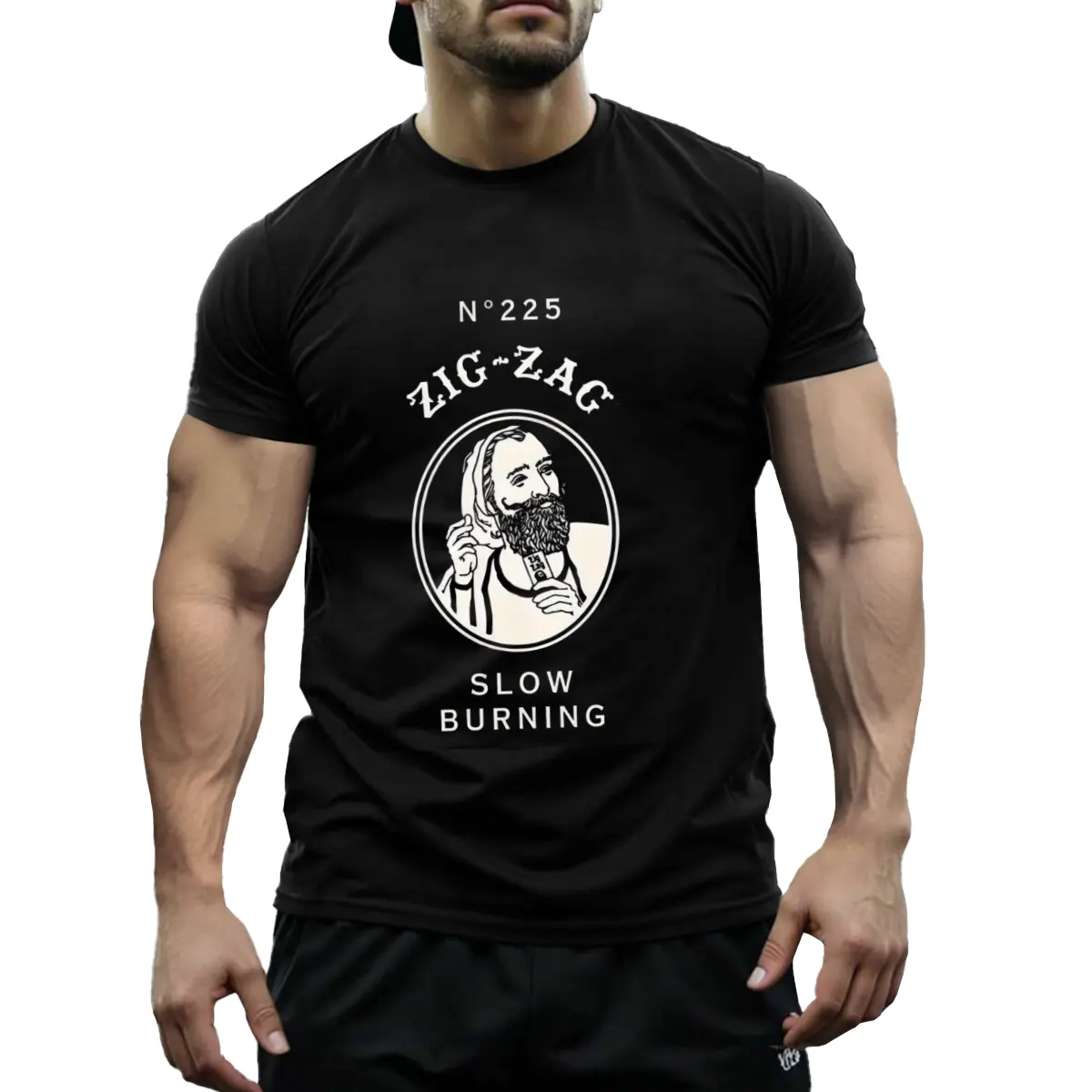 Mens Aesthetic Graphic Tee - Casual Black Crewneck Everyday Shirt with Streetwear Zig-Zag & N ° 225 Print, Soft Breathable Cotton, High Stretch, OOTD Basic for Summer All-Season