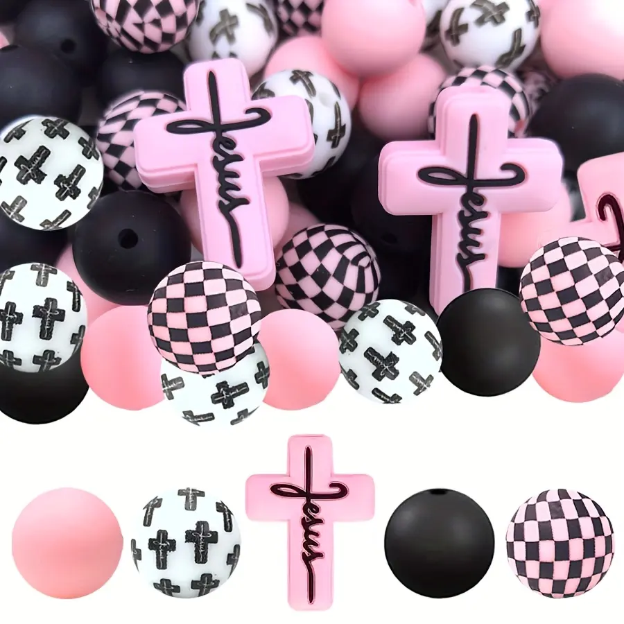 50 silicone beads with pink cross design, scattered bead cross pattern elements, colorful printed silicone beads suitable for keychains, bead pens, bracelets, necklaces, and other DIY jewelry, craft, and creative supplies