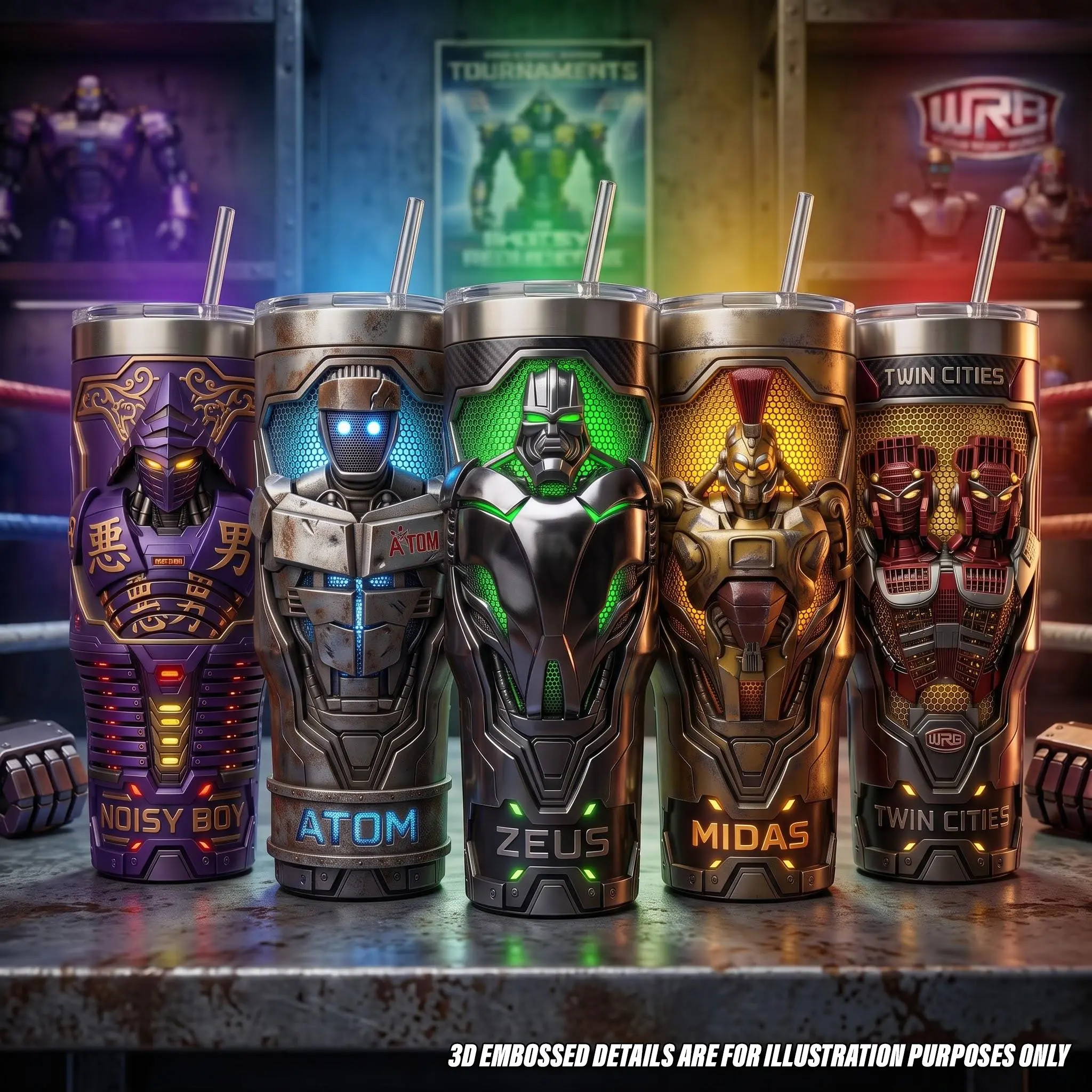 COLLECTION Real Steel Movie 40oz Tumbler with Straw, 3D Optical Illusion Embossed WRB Boxing League Atom Zeus Noisy Boy Midas Twin Cities Vacuum Thermal Mug, Unique Gift for Sci-Fi Mech Fan, Heavy Duty Travel Water Bottle Armor Mech Steel Cup Drinkware