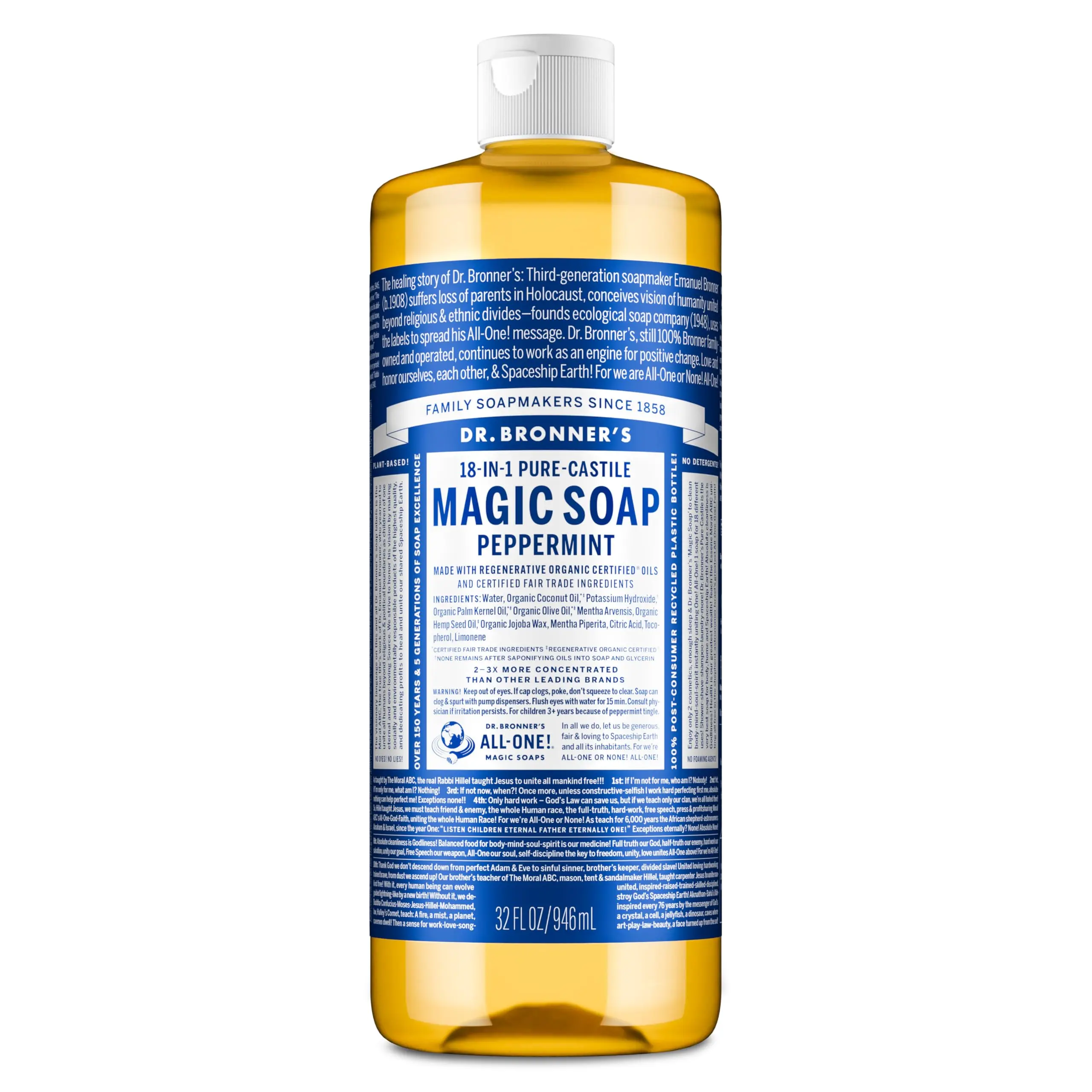 Dr. Bronner's Pure-Castile Liquid Soap Peppermint, 32 oz – 18-in-1 Vegan Body Wash for Face, Body, Hair, Hands & Home, Made with Organic Oils, Non-GMO, Multipurpose Cleanser