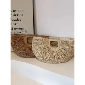 Round Handbag Woven Bag Fan Shape Handheld Handwoven Straw Bag Handmade Knitted Bags Versatile Moon Shaped Beach Bag Tote Bag Half Moon Purse