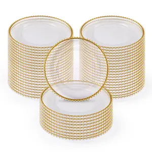 50 Pack Clear Charger Plates with Gold Beaded Rim, 13" Heavy Duty Plastic Dinner Plates Bulk for Wedding, Party & Event Table Decor, Reusable