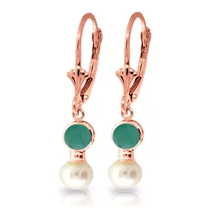 5.2 CTW 14k Solid Rose Gold Leverback Earrings pearl Emerald