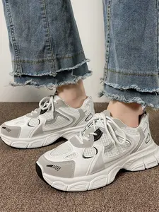 Women's Breathable Mesh Sneakers, Thick Sole Design, Simple Line Art, Elevate Height & Slim Fit, Casual Daily Wear Shoes