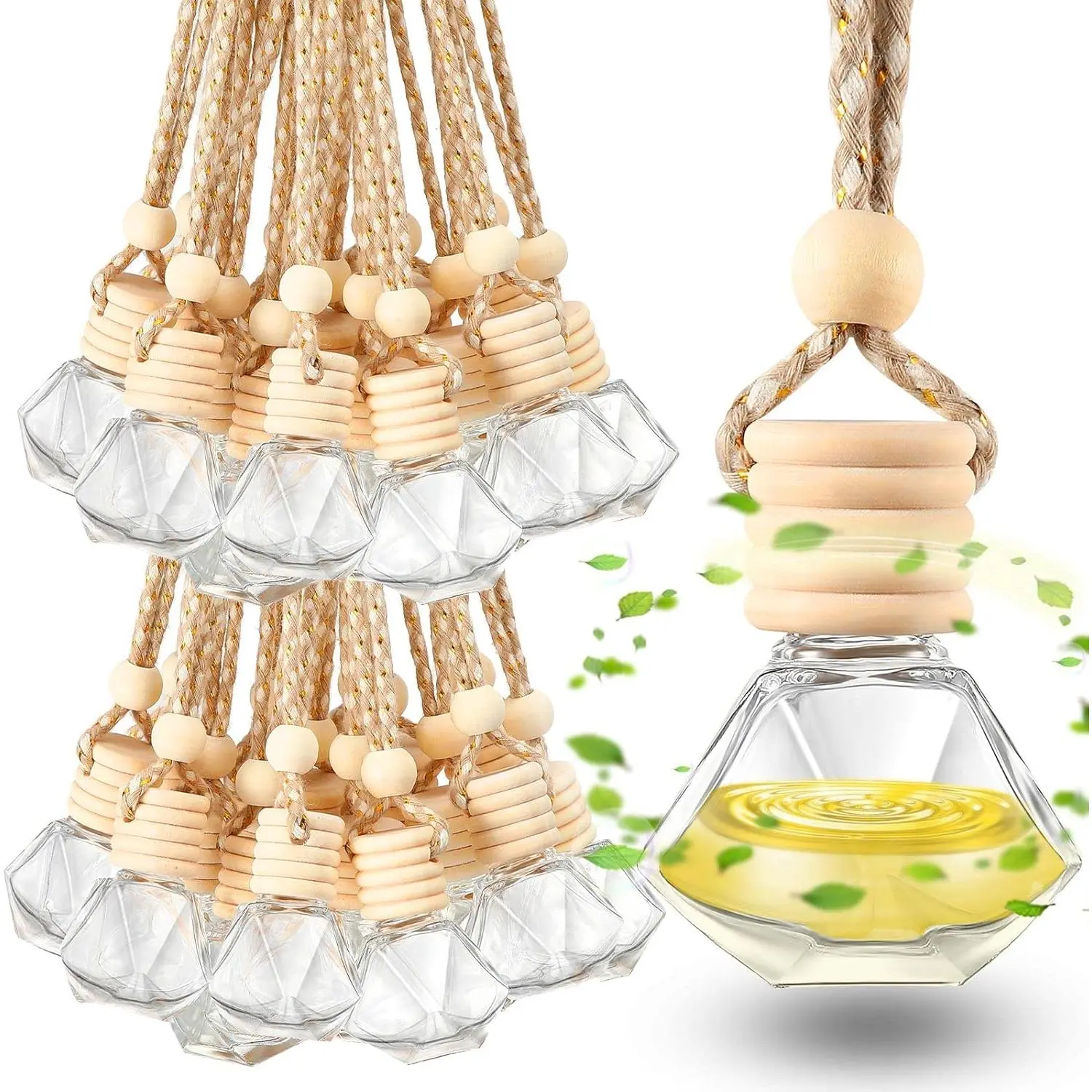 Rtteri 100 Pcs Cute Empty Refillable Diamond Hanging Glass Diffuser Oil Bottles (1.42in Wide, 5.91in Long) with Wooden Caps, Hanging String, Easy Carry & Store Aromatherapy Vials for Car Interior, Kitchen, Bedroom Decor