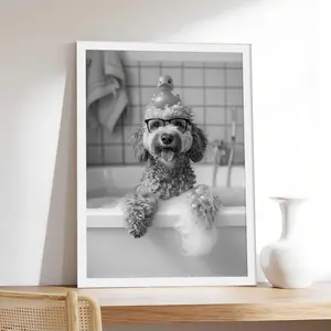 Goldendoodle Bath _ Dog in Bathtub Funny Doodle, Pet & Animal Canvas Print, Minimalist & Neutral-Style Poster, Bedroom Aesthetic Wall Decor.